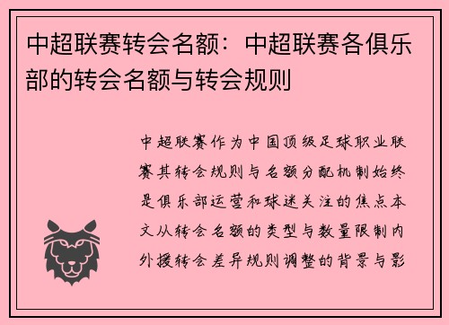 中超联赛转会名额：中超联赛各俱乐部的转会名额与转会规则