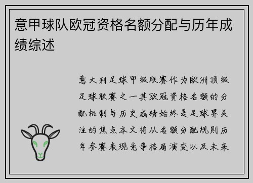 意甲球队欧冠资格名额分配与历年成绩综述